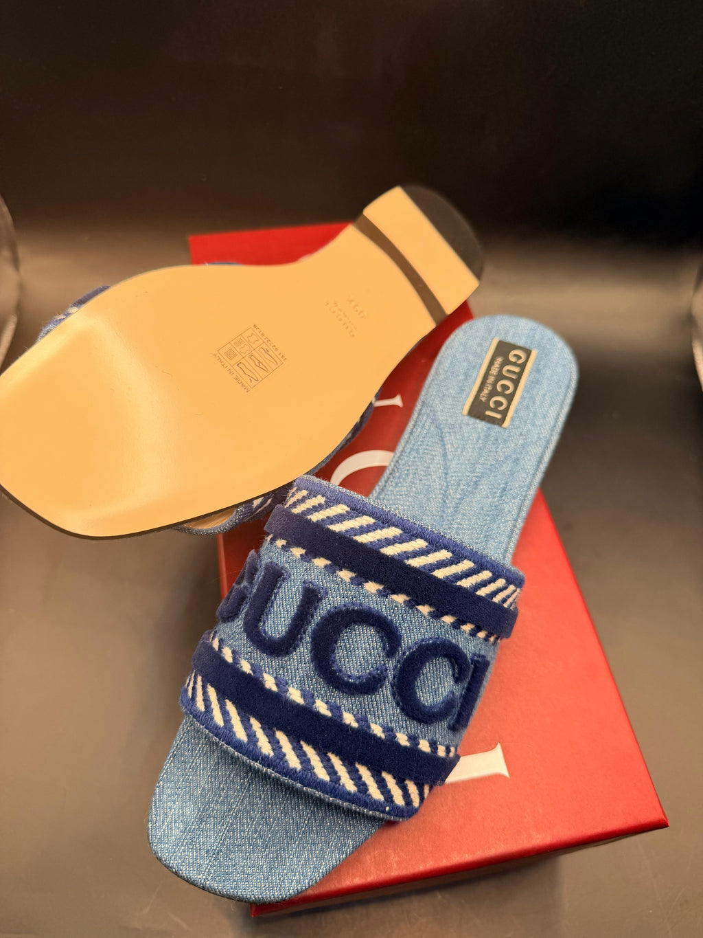 Gucci Jane Logo Denim Slide Sandals
