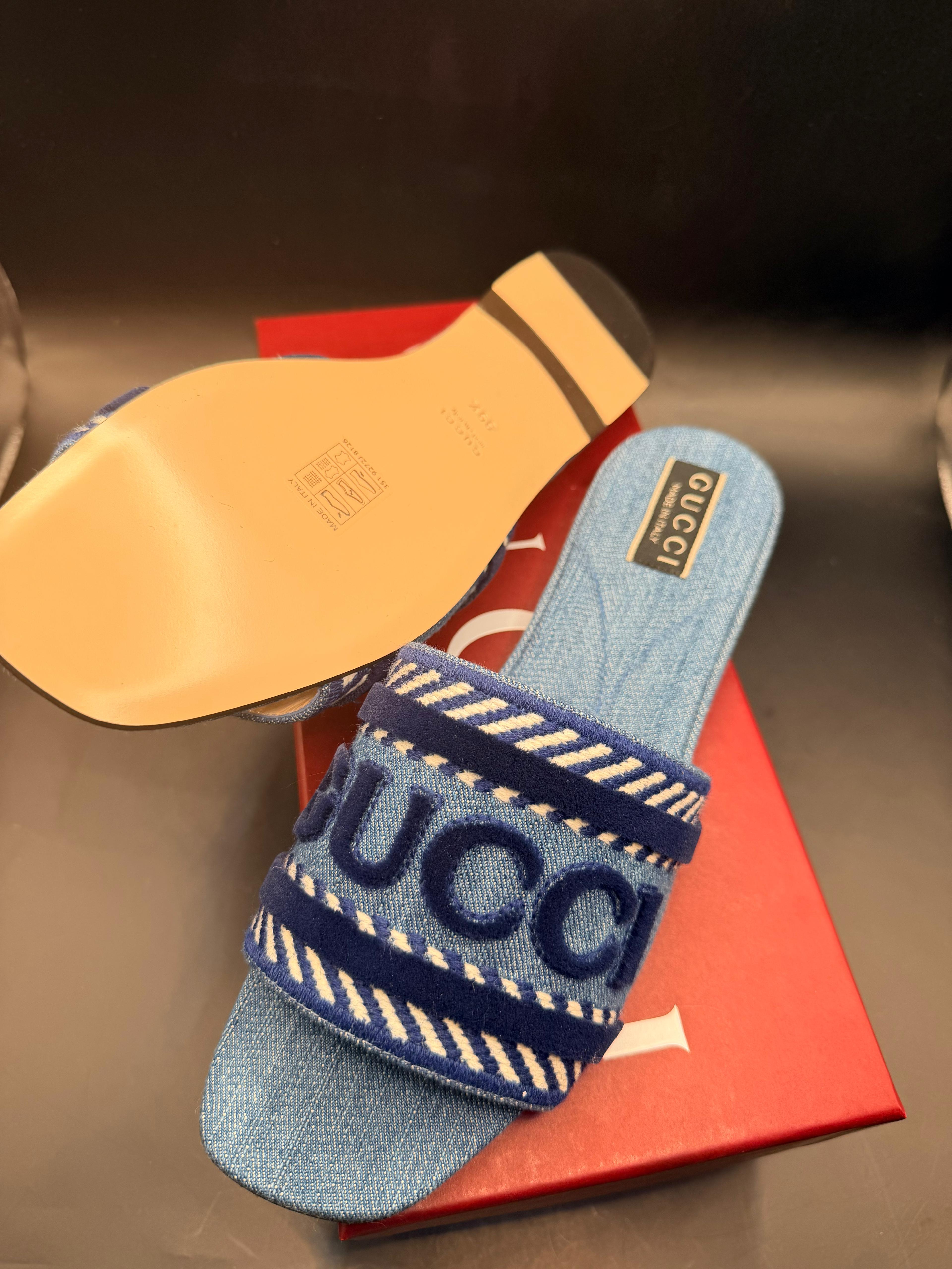 Gucci Jane Logo Denim Slide Sandals