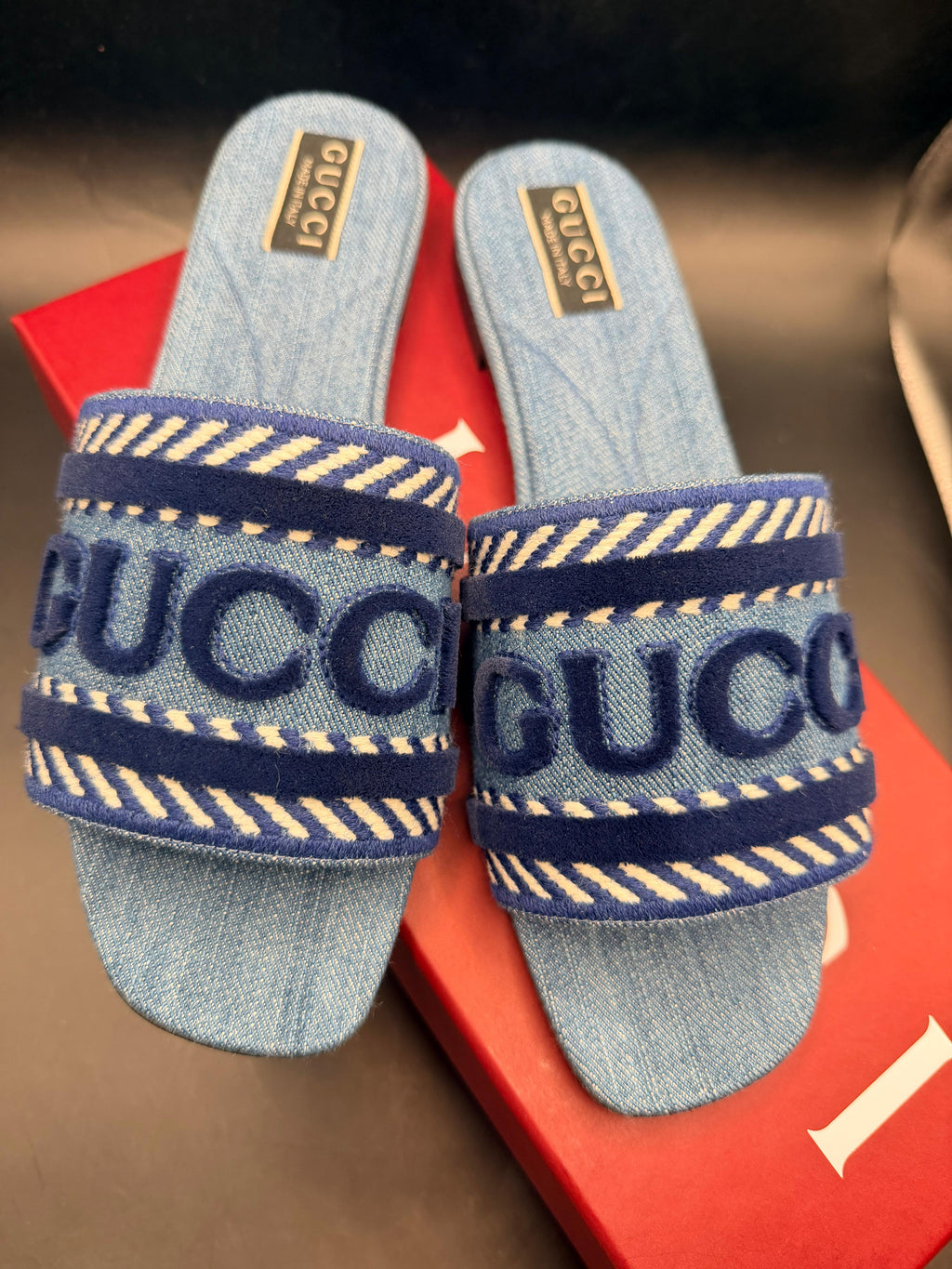 Gucci Jane Logo Denim Slide Sandals