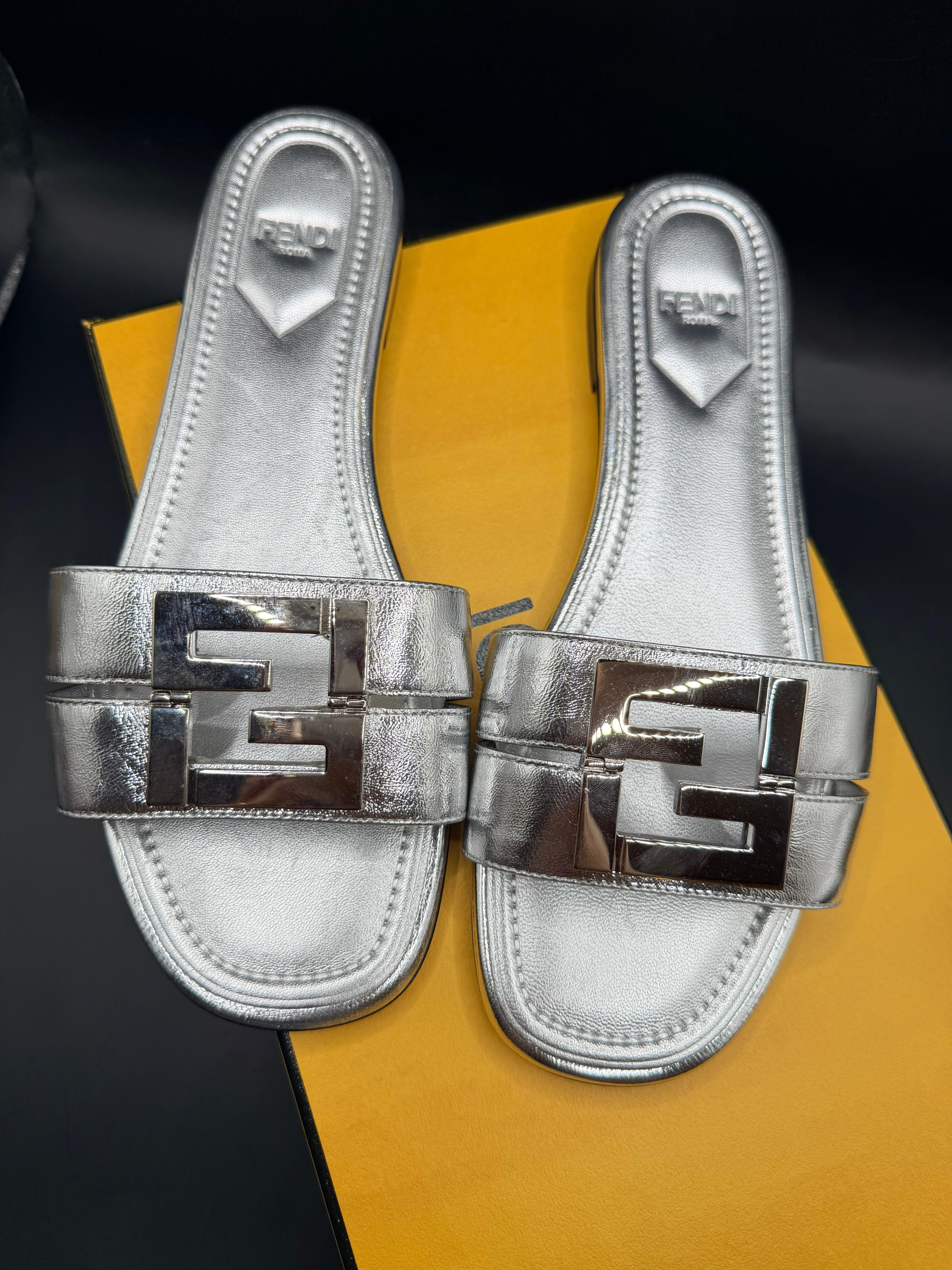 Fendi silver metallic flats